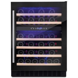 Amica AWC600BL 60 cm fs wine cooler, 45 bot cap, dual temp, black glass door, blue LED